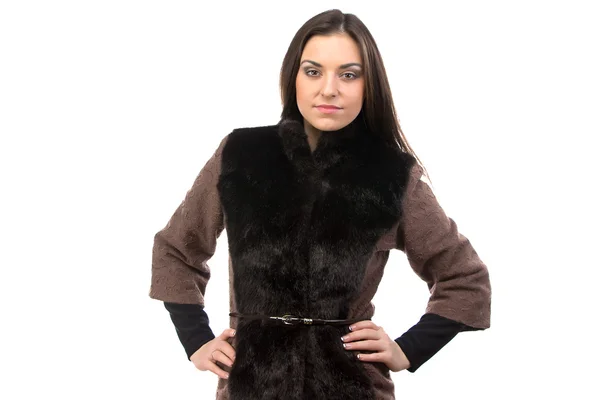 Photo of woman in brown fur waistcoat — Stock Photo, Image