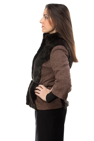 Photo of woman in brown fur waistcoat - profile — Stock Photo, Image