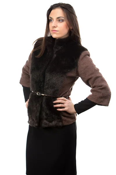 Portrait of woman in brown fur waistcoat — Stock Photo, Image