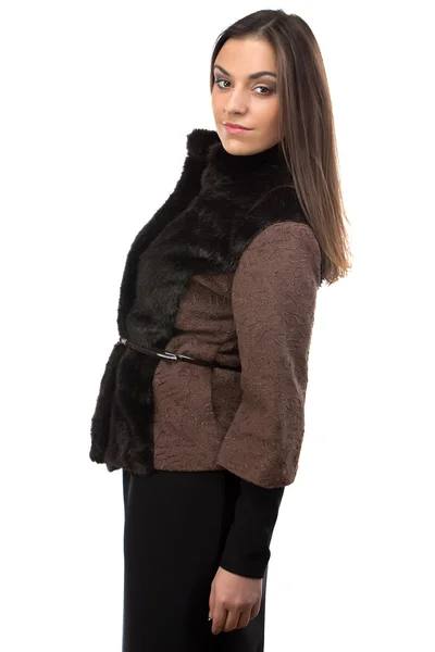 Photo of smiling woman in brown fur waistcoat — Stock Photo, Image