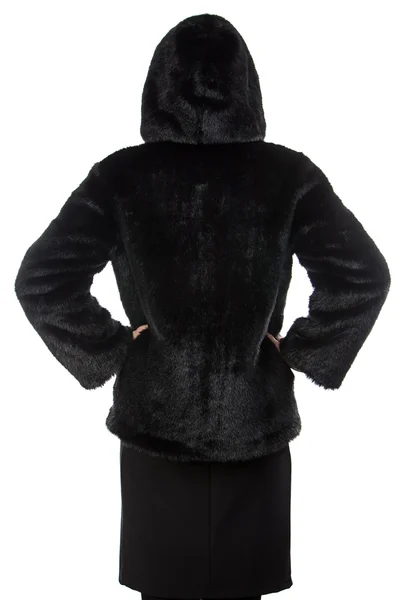 Image of woman in fur coat with hood from back — Stock Photo, Image