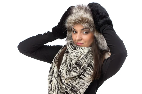 Image of cute woman in fur cap — Stock Photo, Image
