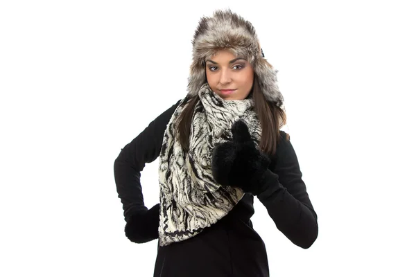 Photo of cute woman in fur mittens — Stock Photo, Image