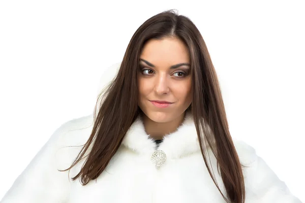 Portrait of woman in white fur coat — Stock Photo, Image