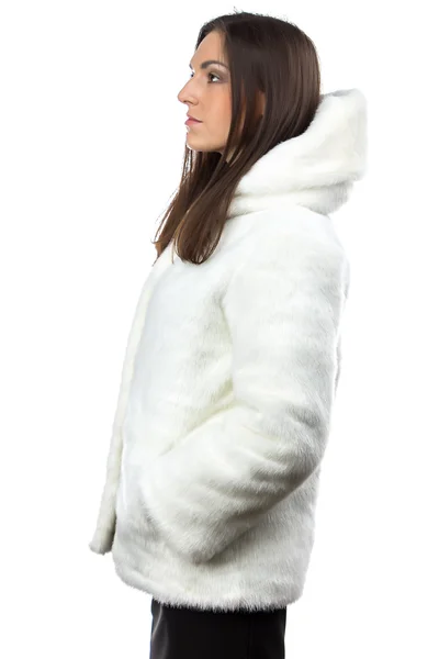 Photo of cute woman in white fur coat - profile — Stock Photo, Image