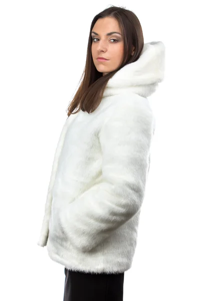 Image of cute woman in white fur coat - profile — Stock Photo, Image