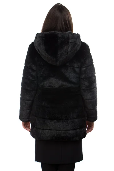Photo of brunette in fake fur coat from back — Stock Photo, Image
