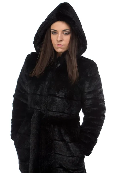 Image of woman in fake fur coat with hood — Stock Photo, Image