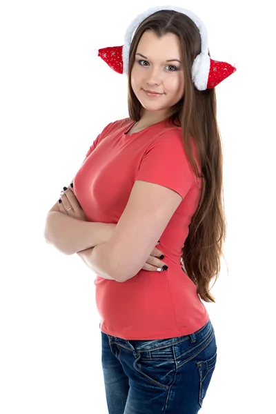 Image of girl in xmas headphones with arms crossed — Stock Photo, Image