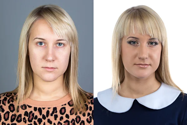 Portrait of young woman before and after make up — Stock Photo, Image