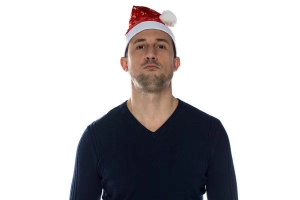 Homme sérieux adulte en chapeau de Noël — Photo
