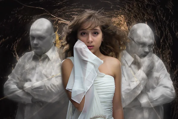 Image of young girl and two mans ghosts — Stock Photo, Image