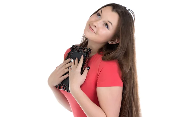 Bilden av tonårig flicka håller fotoram — Stockfoto