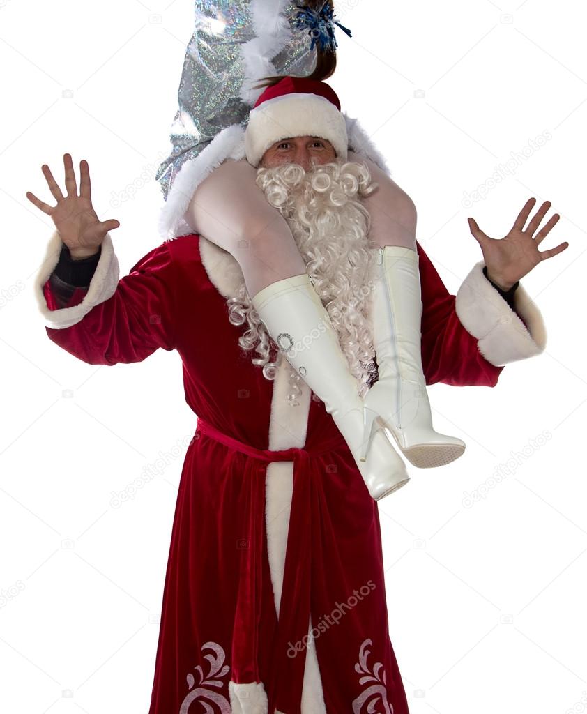 Image of Santa holding a maiden on shoulders