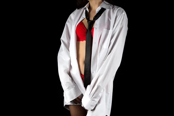 Photo de femme en soutien-gorge rouge et chemise homme — Photo