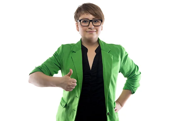 Photo of happy woman in green jacket — Stock Photo, Image