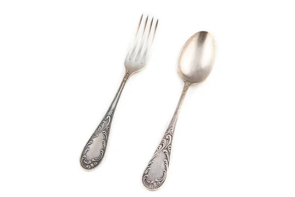 Photo of antiquarian silver fork and spoon — Stock Photo, Image