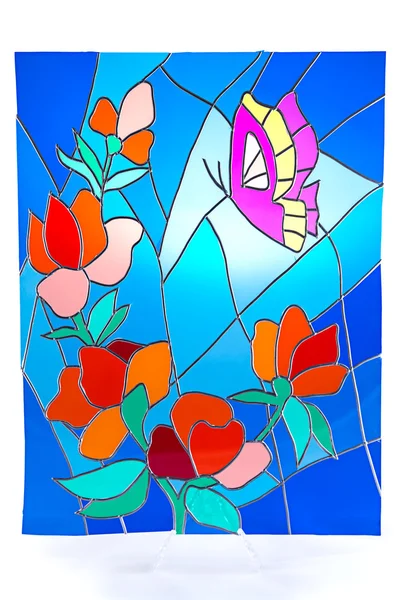 Lila fjäril och röda blommor - målat glas — Stockfoto
