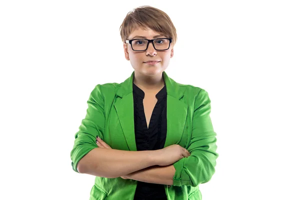 Photo of pudgy young woman with arms crossed — Stock Photo, Image