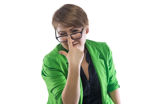 Foto de una jovencita con gafas guiñando el ojo — Foto de Stock