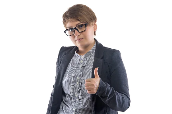 Photo woman in glasses shows thumb — Stock Photo, Image