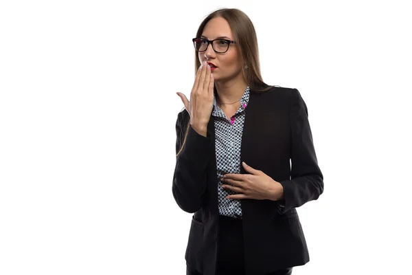 Photo of thinking woman with hand near mouth — Stock Photo, Image