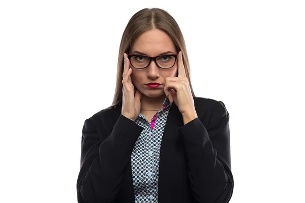 Photo of business woman with hands on temples — Stock Photo, Image