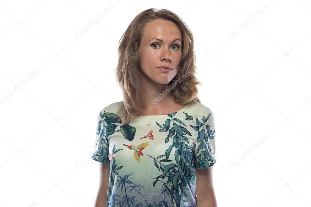 Photo of serious woman with light brown hair