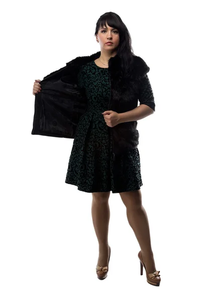 Foto de mujer mostrando chaqueta de piel — Foto de Stock