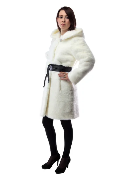 Image of woman in white fur coat, half turned — Stock Photo, Image