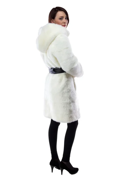 Photo of woman in white fur coat with hood — Stock Photo, Image