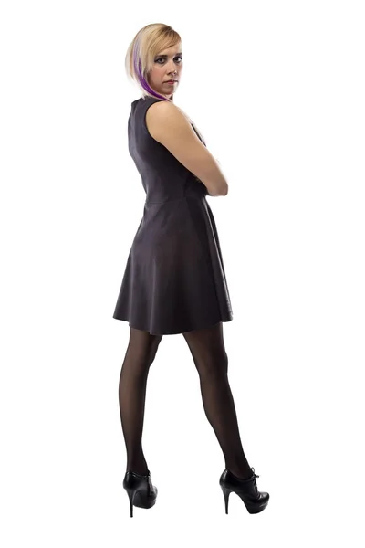 Woman in artificial suede dress, full length — Stock Photo, Image