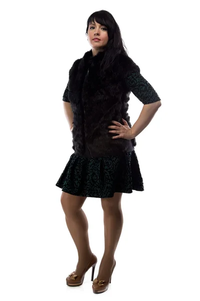 Image of woman in fur jacket, hands on hips — Stock Photo, Image