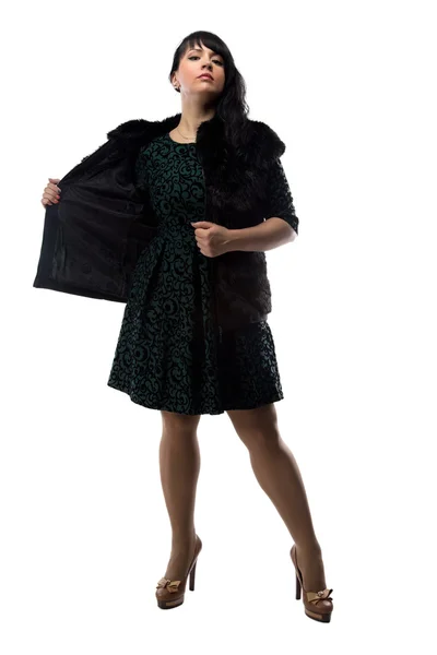 Bild av kvinna visar päls jacka, haka upp — Stockfoto