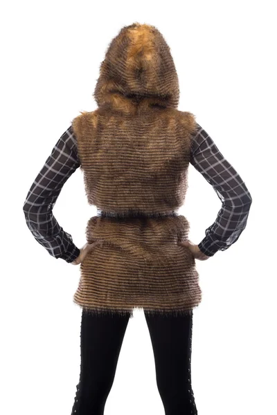 Image of blonde in brown fur jacket, from back — Stock Photo, Image
