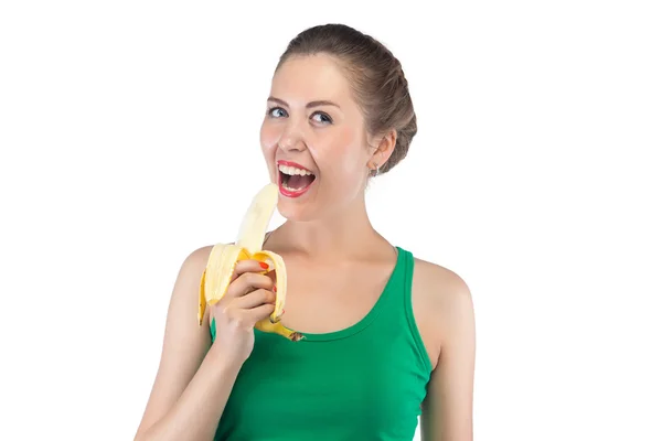 Foto de mujer feliz con plátano pelado —  Fotos de Stock