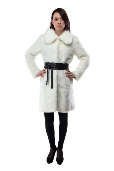 Immagine di donna in pelliccia bianca, lunghezza intera — Foto Stock