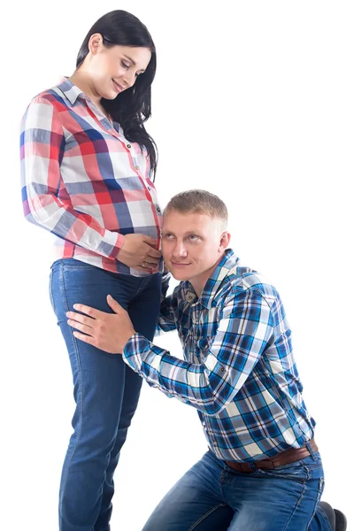 Imagen del hombre escuchando niño, mujer embarazada — Foto de Stock
