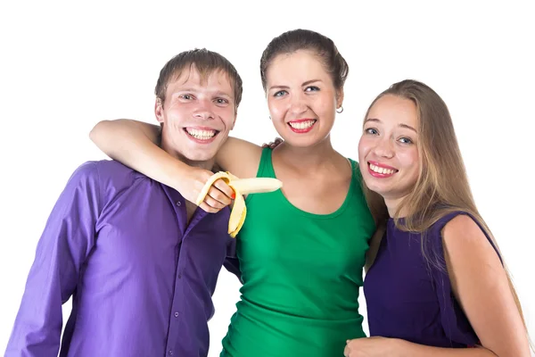 Foto de tres amigos sonrientes con plátano —  Fotos de Stock