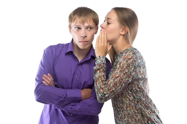 Photo of gossiping blond woman and man — Stock Photo, Image