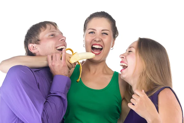 Zdjęcie trzech znajomych szczęśliwy z bananem — Zdjęcie stockowe