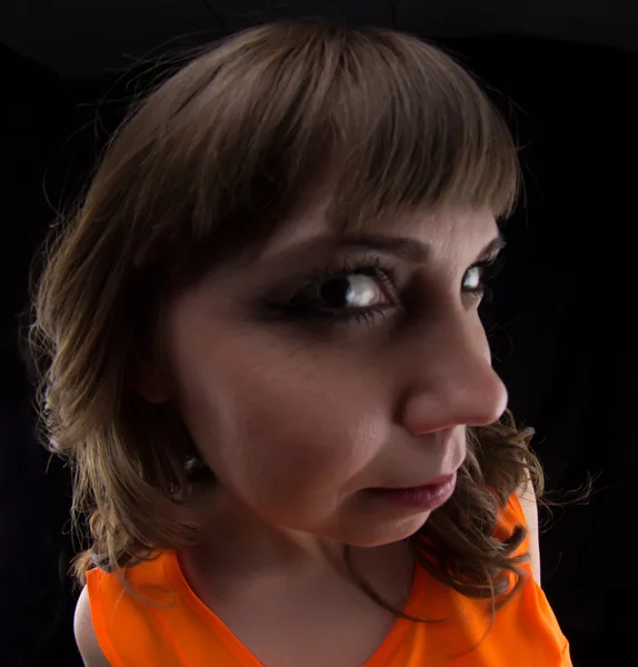 Photo of woman in orange dress, fish eye — Stock Photo, Image