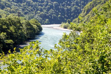 Fotoğraf dağ nehir yeşil ağaçların gizli