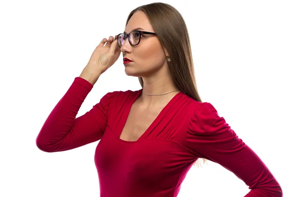 Photo of woman in red touching glasses — Stock Photo, Image