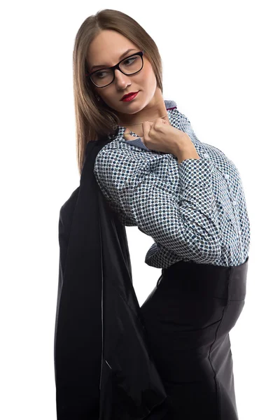 Image of business woman holding black jacket — Stock Photo, Image