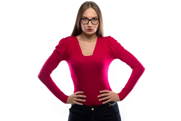 Foto einer Frau in Rot mit den Händen auf den Hüften — Stockfoto