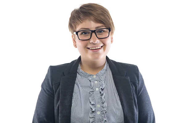 Photo de femme souriante épaisse dans des lunettes — Photo