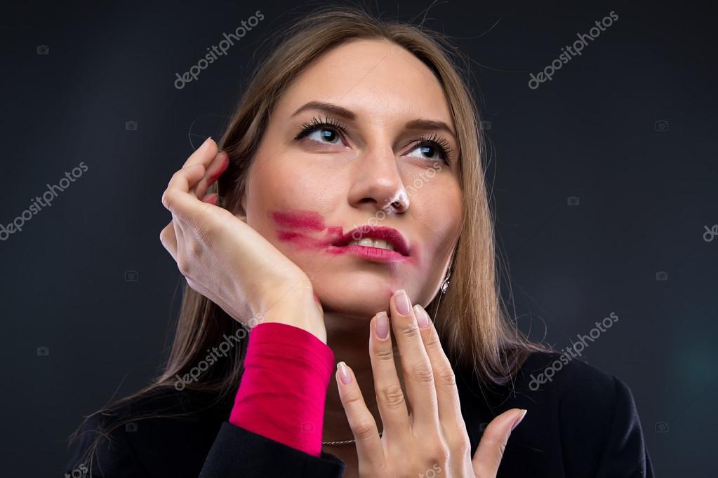 Portrait Woman With Smudged Lipstick Looking Up Stock Photo C Christefme 80616954 https depositphotos com 80616954 stock photo portrait woman with smudged lipstick html