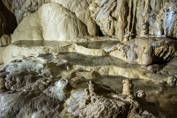 Фото сталактитов и луж воды в пещере Стоковая Картинка
