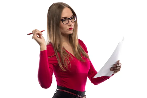 Image of woman in red with pen and sheets — Stock Photo, Image